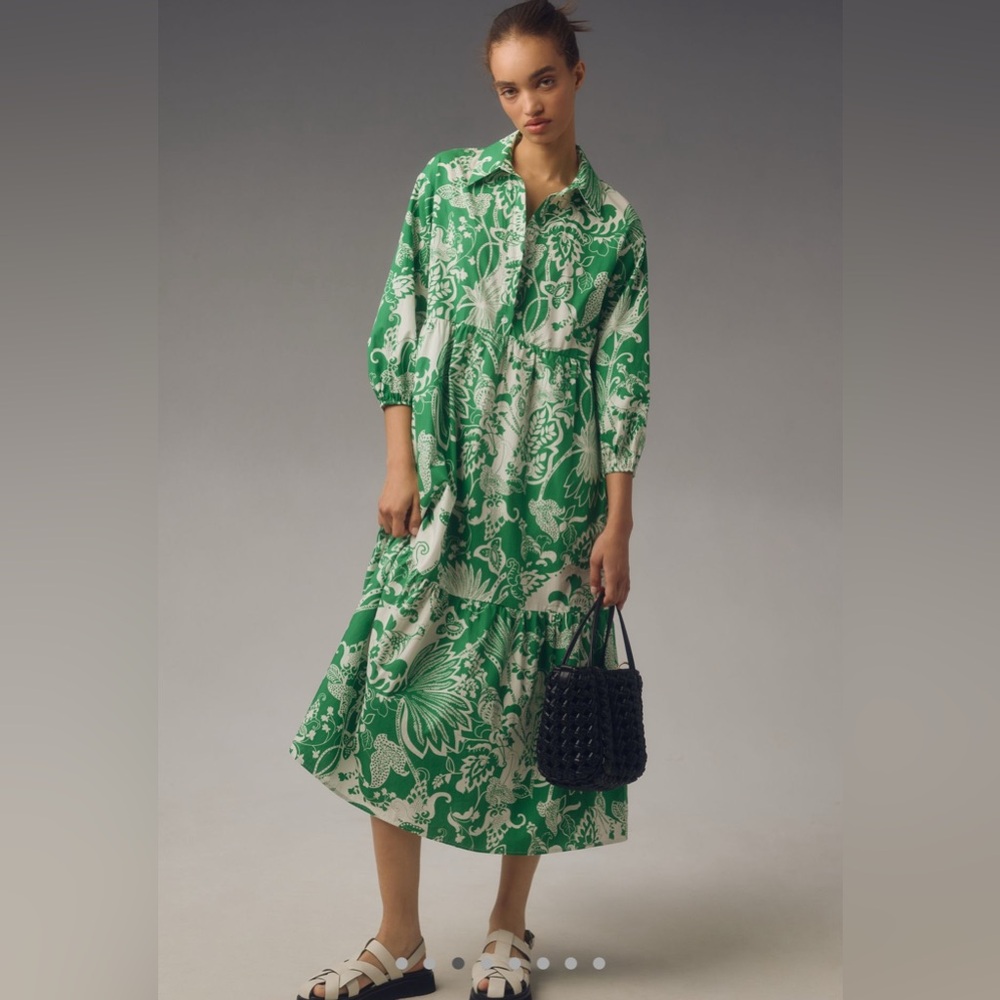 Anthropologie Green and White Maxi Dress